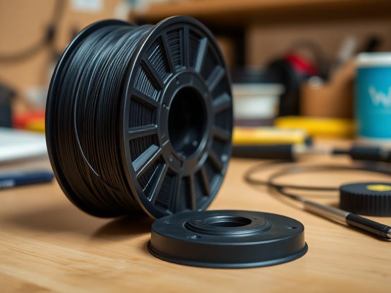 Spool of black PLA filament beside a 3D printed black magnet base