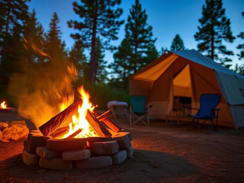 Campfire burning in a stone firepit beside a canvas tent at dusk