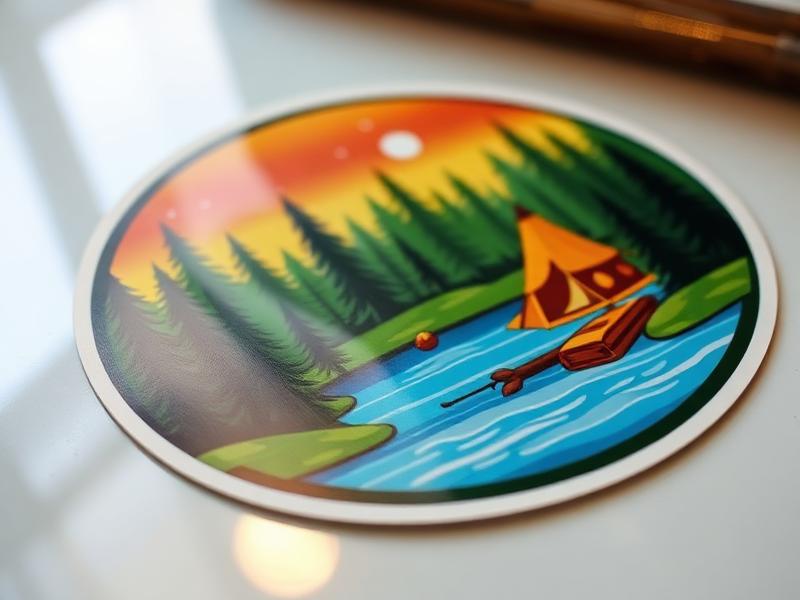 Glossy laminated vinyl sticker with an illustrated lake and forest camping scene